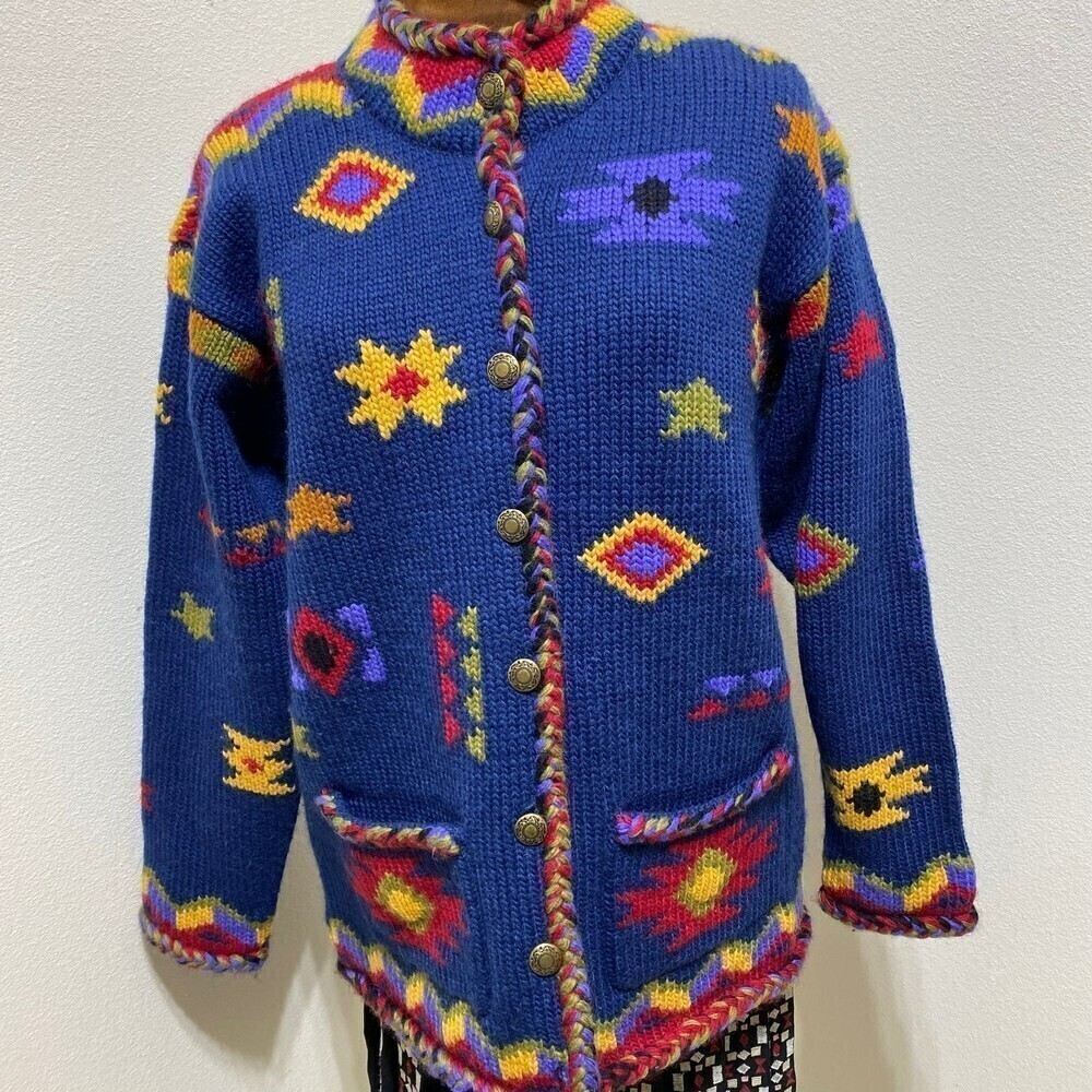 Coldwater Creek Sweater Size Medium Button Up 100% Wool Aztec Southwestern Blue